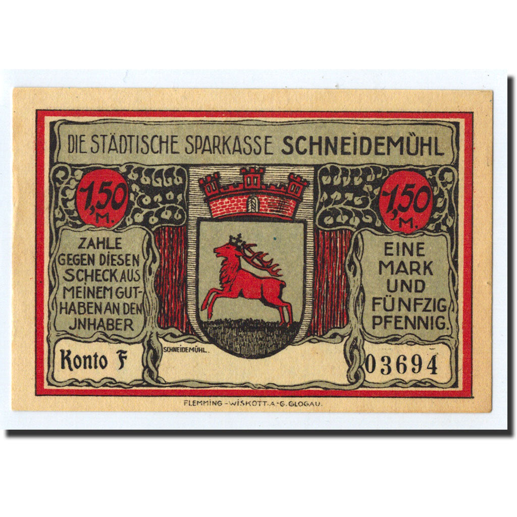 Billet, Allemagne, Schneidemuhl, 1.5 Mark, Ecusson, O.D, Undated, SPL