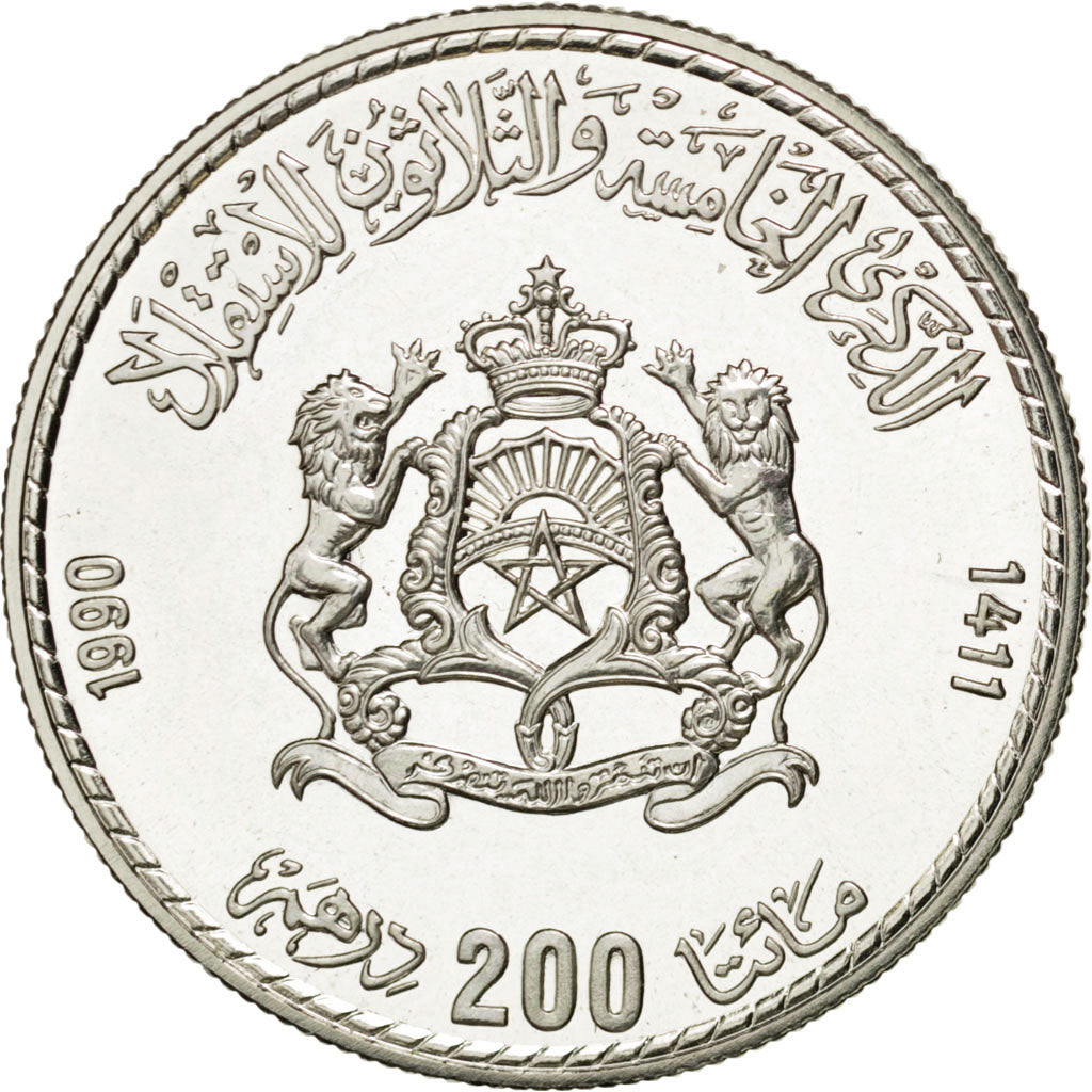 Marocco, al-Hassan II, 200 Dirhams, 1990, FDC, Argento, KM:89