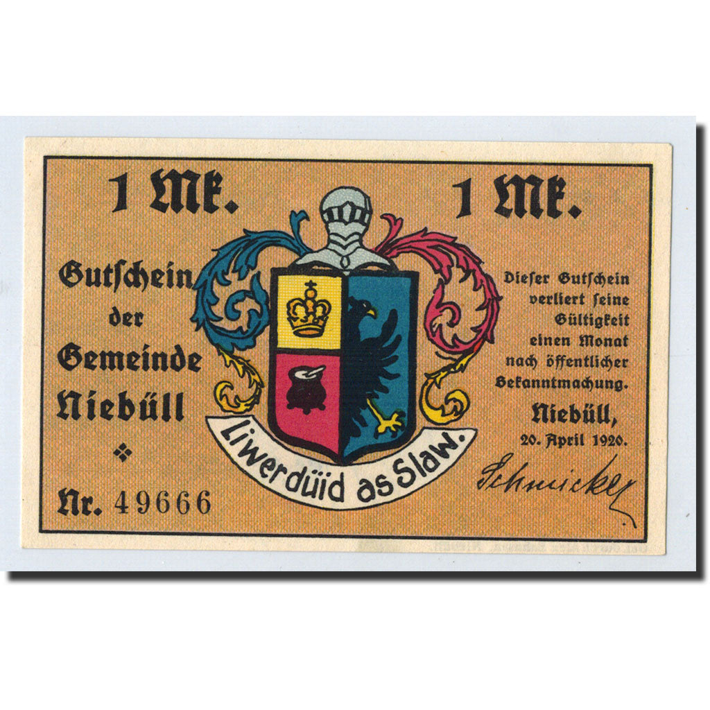 Banknote, Germany, Niebüll, 1 Mark, personnage, 1920, 1920-04-20, UNC(63)