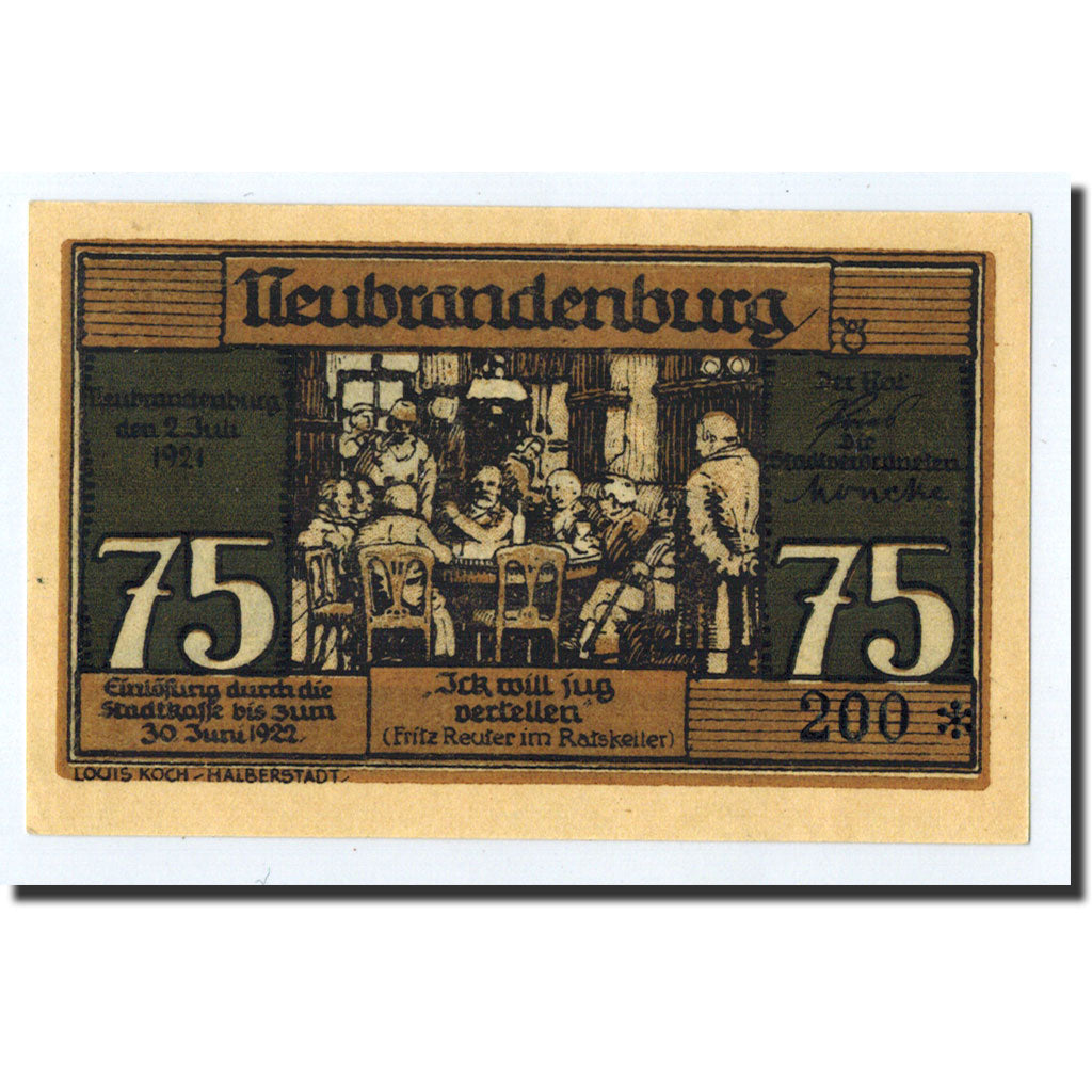 Banknote, Germany, Neubrandenburg Stadt, 75 Pfennig, personnage, 1921
