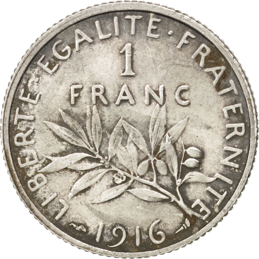 FRANCE, Semeuse, Franc, 1916, Paris, KM #844.1, AU(55-58), Silver, 23, Gadoury..