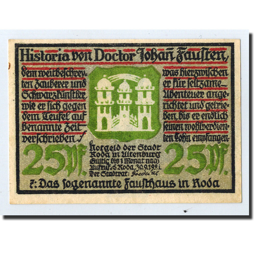 Banknote, Germany, Roda, 25 Pfennig, château, 1921, 1921-09-30, UNC(63)