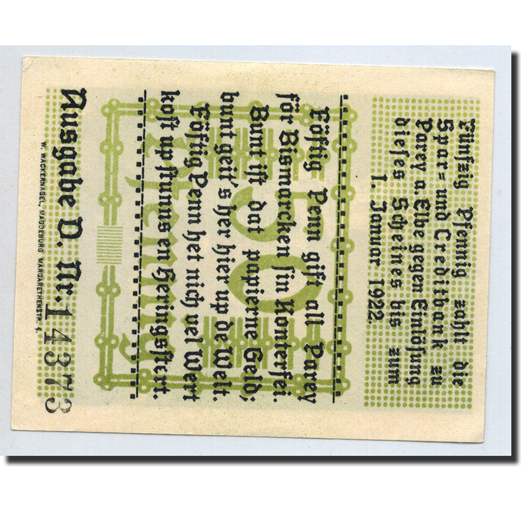 Billet, Allemagne, Parey a.d Elbe, 50 Pfennig, personnage, 1921, 1921-04-01