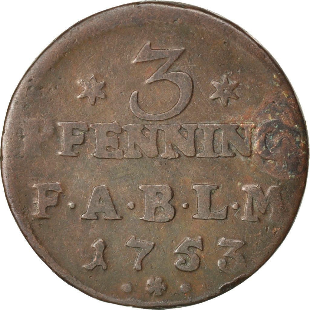 Stati tedeschi, ANHALT-BERNBURG, Viktor II Friedrich, 3 Pfennig, 1753, MB, Ra...