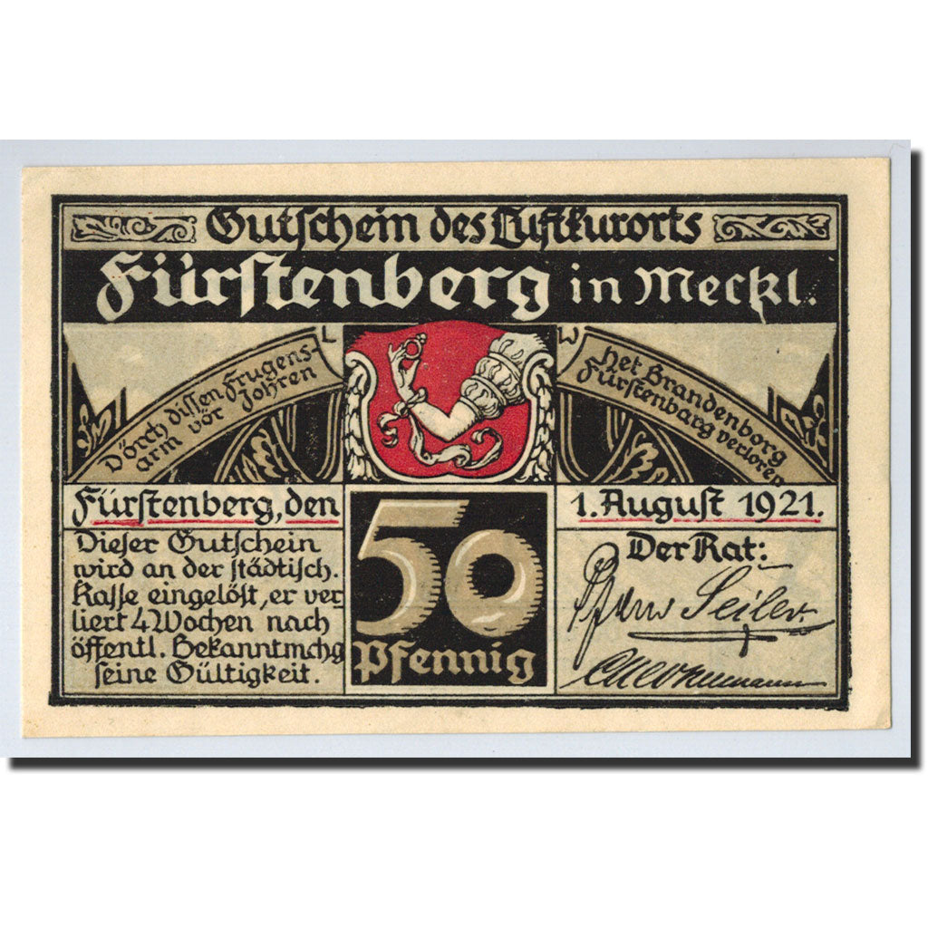 Banknote, Germany, Furstenberg in Meckl, 50 Pfennig, ski, 1921, 1921-08-01