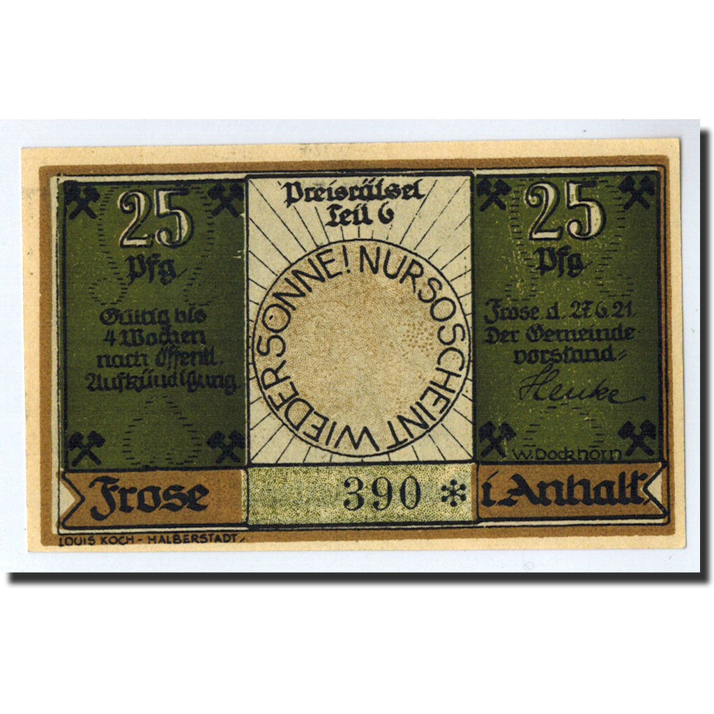 Banknote, Germany, Frose, 25 Pfennig, notes de musique, 1921, 1921-06-27
