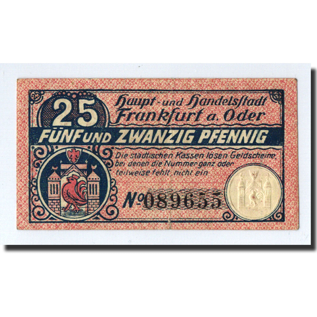 Banconote, Germania, Frankfurt a Oder Stadt, 25 Pfennig, château, O.D, SPL