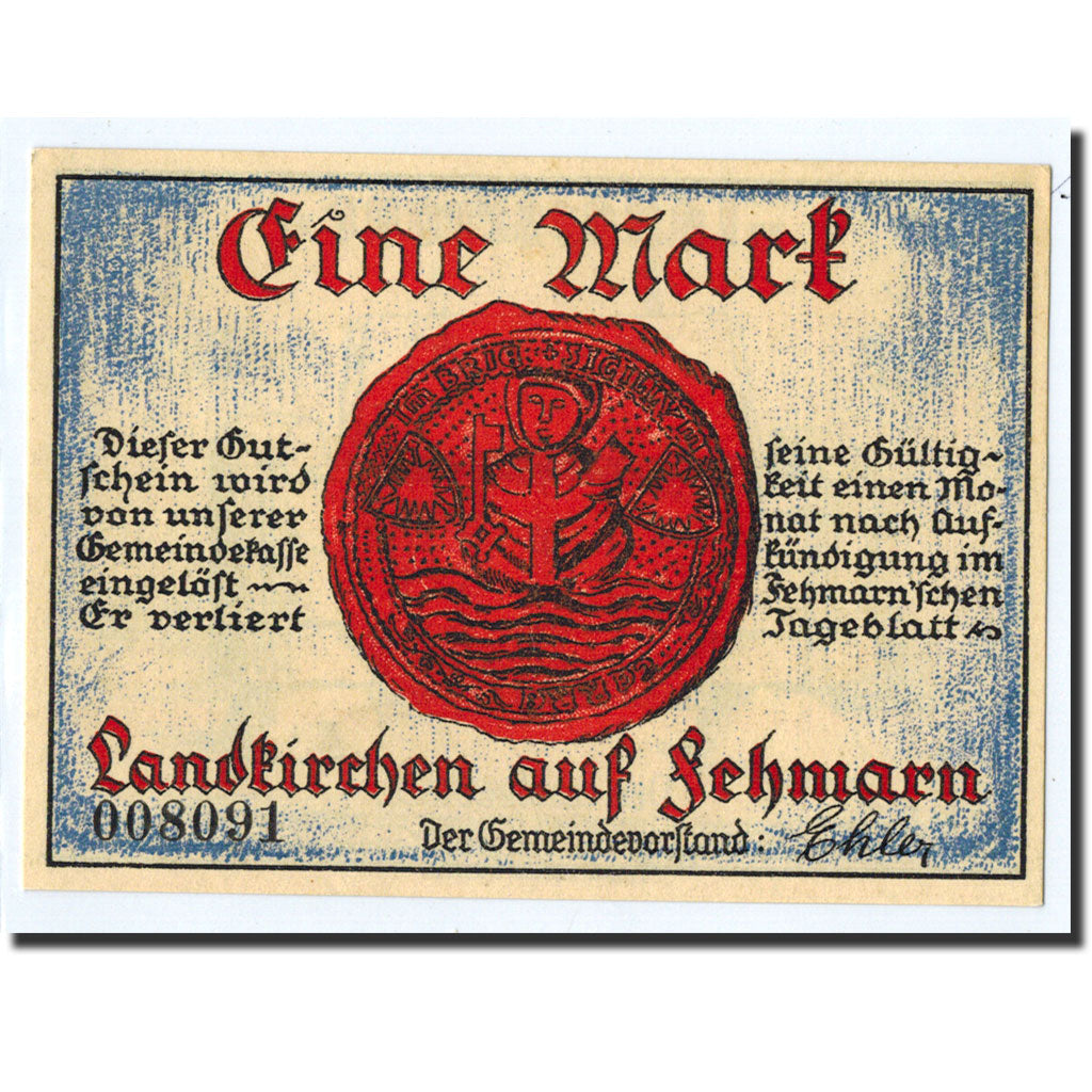 Billet, Allemagne, Landkirchen auf Fehmarn Gemeinde, 1 Mark, Ecusson, O.D, SPL