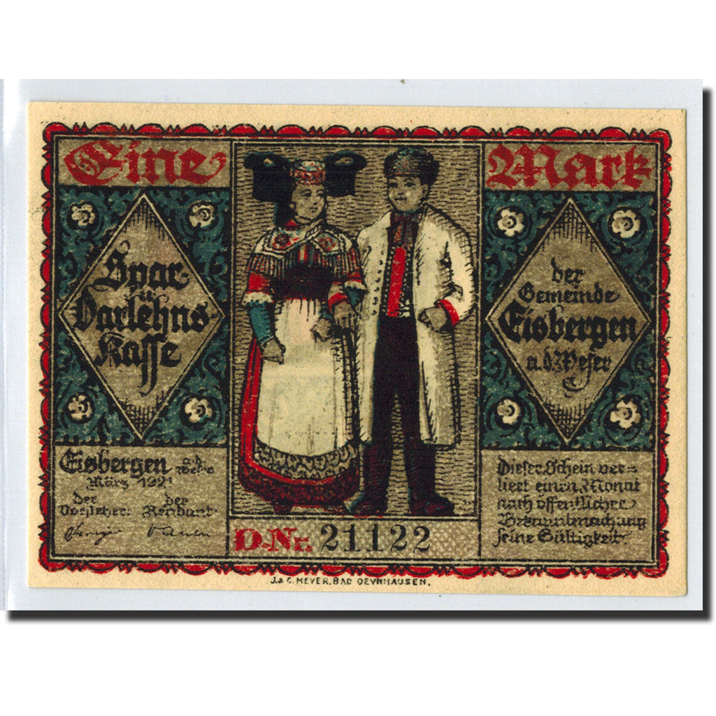 Banknote, Germany, Eisbergen, 1 Mark, personnage, 1921, UNC(63), Mehl:317.1