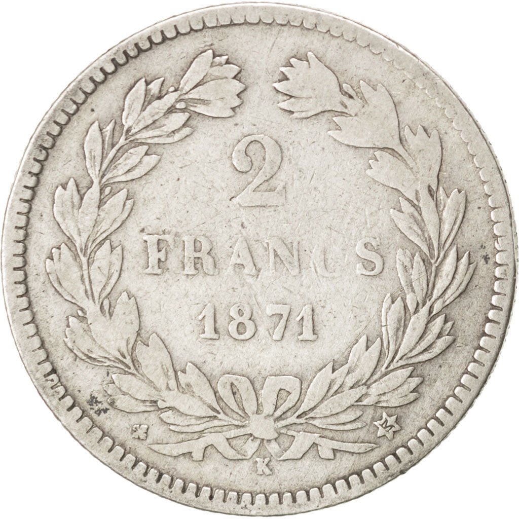 Francia, Cérès, 2 Francs, 1871, Bordeaux, MB, Argento, KM:816.2, Gadoury:530
