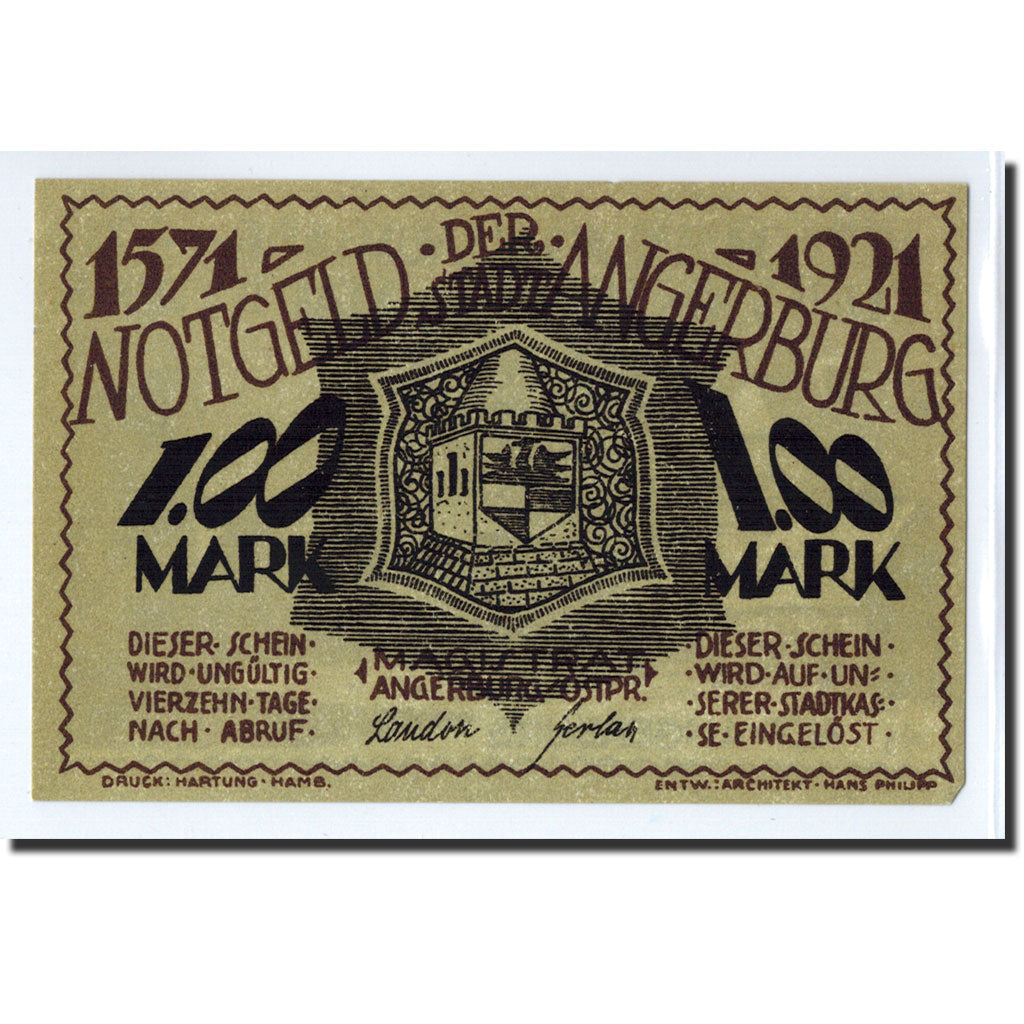 Banknote, Germany, Angerburg, 1 Mark, Ecusson, 1921, UNC(63), Mehl:33.1