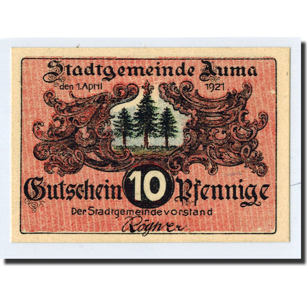 Banknote, Germany, Auma, 10 Pfennig, personnage, 1921, 1921-04-01, UNC(63)