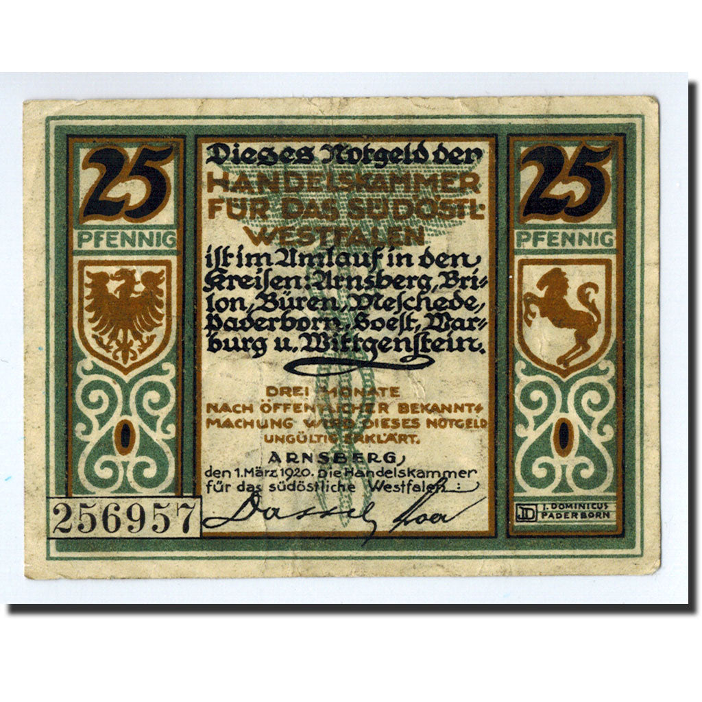 Banknote, Germany, Arnsberg, 25 Pfennig, portrait, O.D, 1920-03-01, UNC(63)