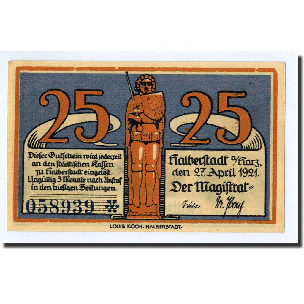 Billete, Alemania, Halberstadt, 25 Pfennig, personnage, 1921, 1921-04-27, SC