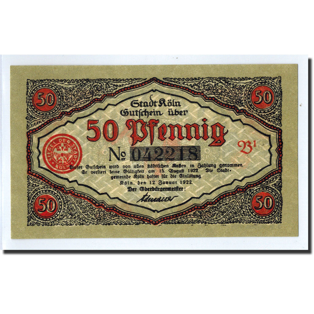 Banknote, Germany, Köln, 50 Pfennig, soldat, 1922, 1922-01-12, UNC(63)