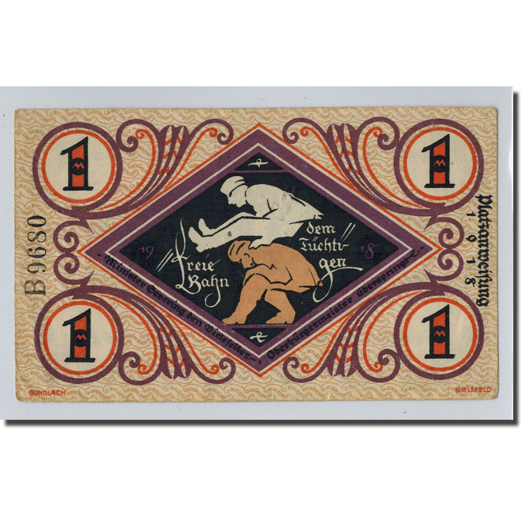 Banknote, Germany, Bielefeld, 1 Mark, personnage, 1918, 1918-12-01, UNC(63)