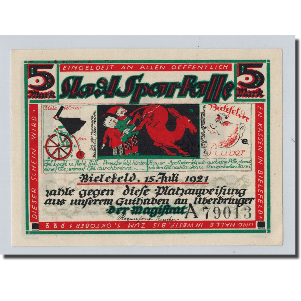 Banknote, Germany, Bielefeld, 5 Mark, personnage, 1918, 1921-07-15, UNC(63)