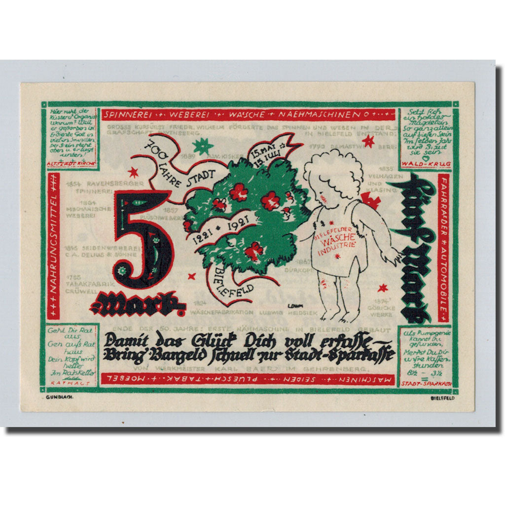 Banknote, Germany, Bielefeld, 5 Mark, personnage, 1918, 1921-07-15, UNC(63)