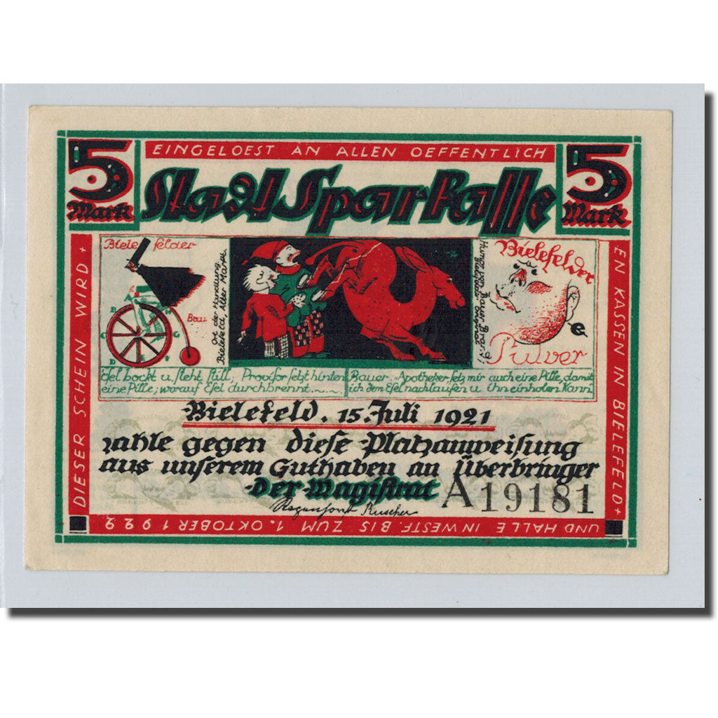 Banknote, Germany, Bielefeld, 5 Mark, personnage, 1918, 1921-07-15, UNC(63)