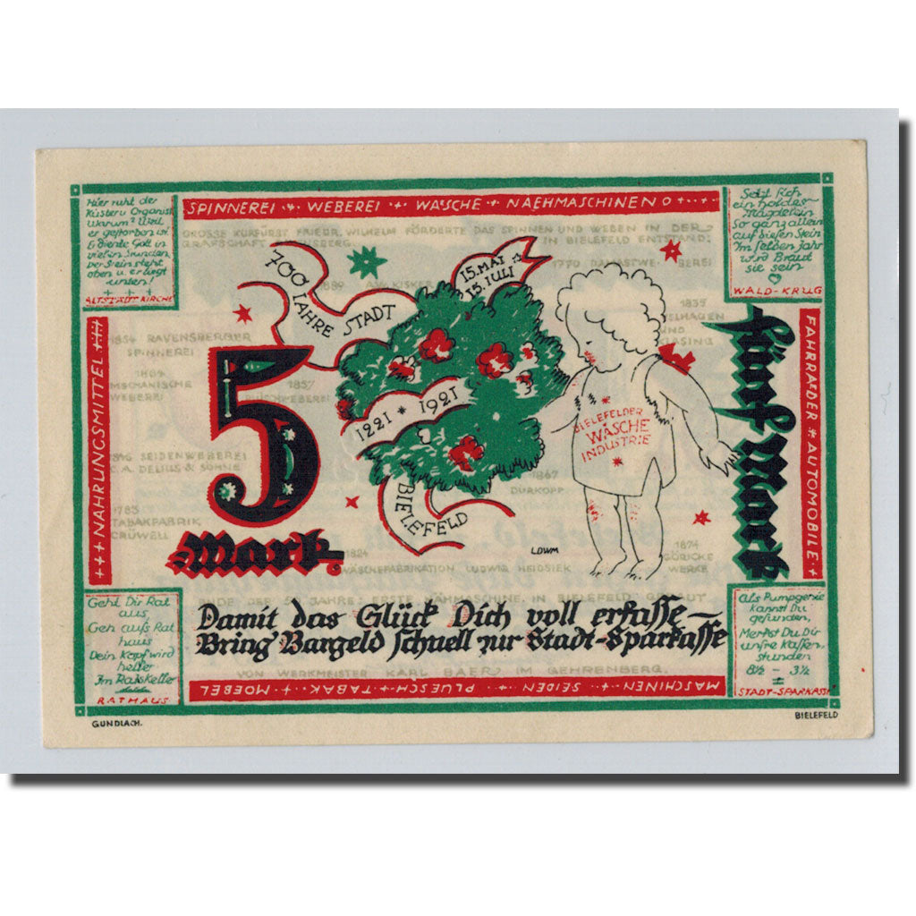 Banknote, Germany, Bielefeld, 5 Mark, personnage, 1918, 1921-07-15, UNC(63)