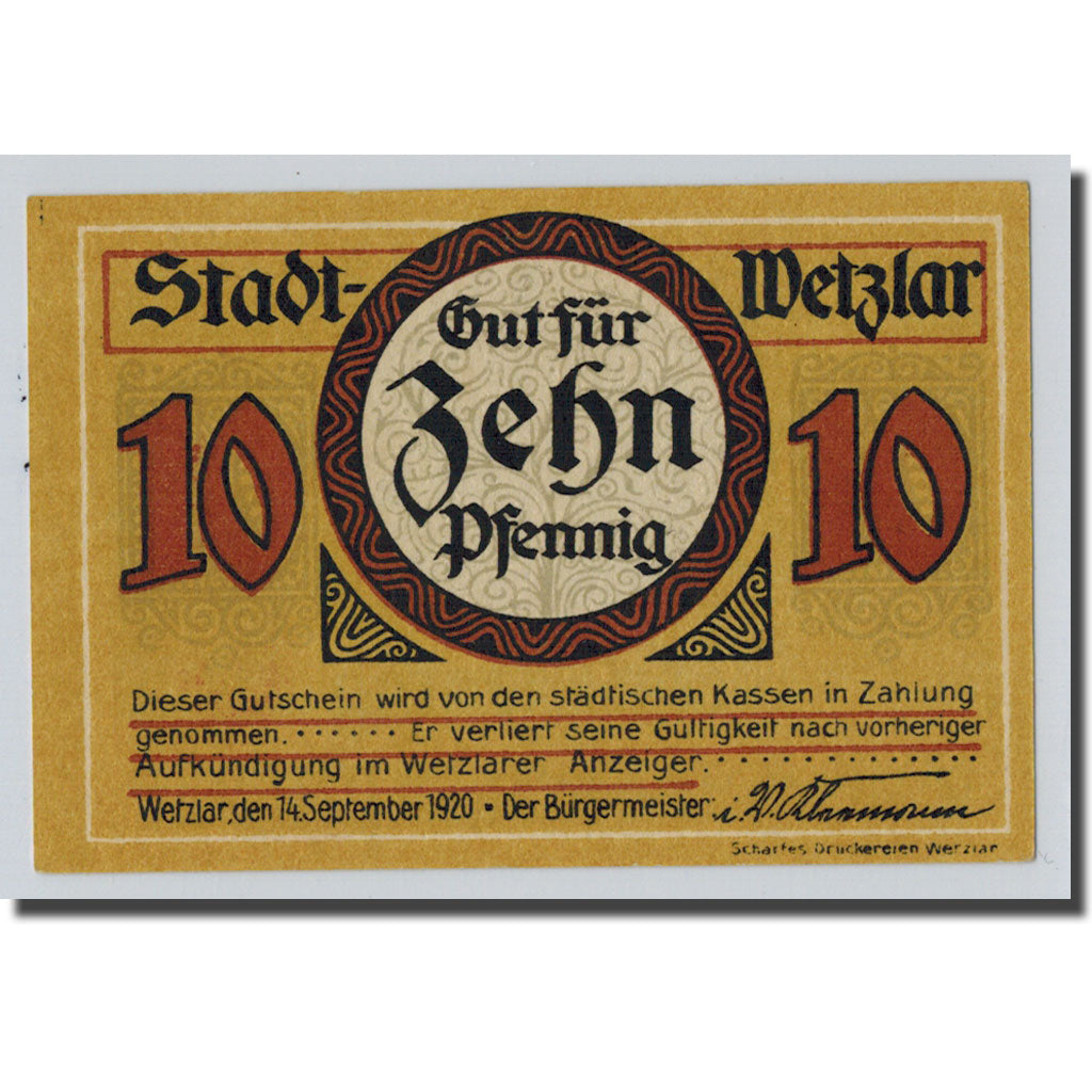 Banknote, Germany, Wetzlar, 10 Pfennig, Usine, 1922, 1922-09-14, UNC(63)