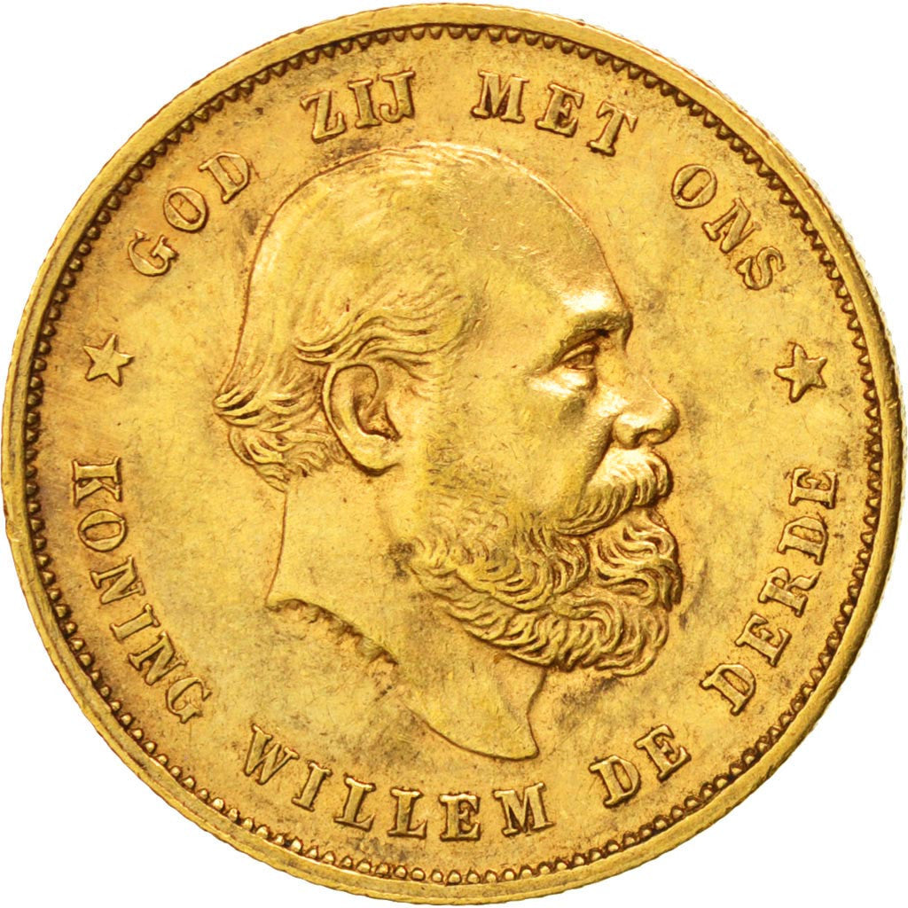 NETHERLANDS, 10 Gulden, 1879, KM #106, AU(50-53), Gold, 22.5, 6.71