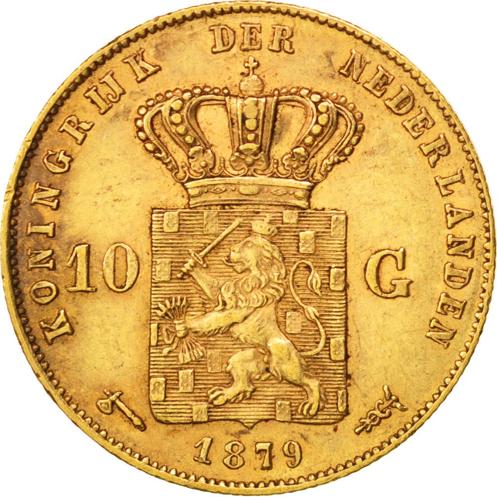 NETHERLANDS, 10 Gulden, 1879, KM #106, AU(50-53), Gold, 22.5, 6.71