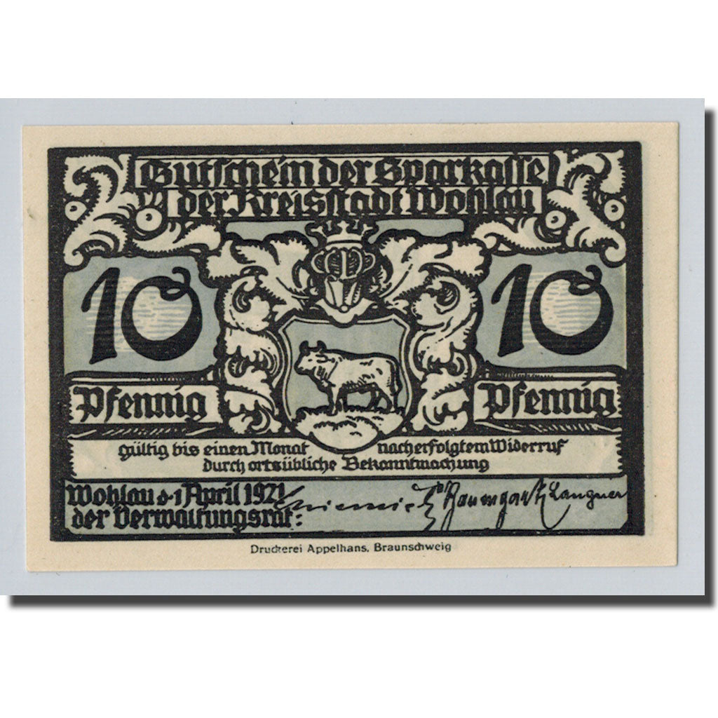 Banknote, Germany, Wohlau, 10 Pfennig, manoir, 1921, 1921-04-01, UNC(63)