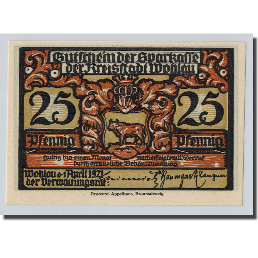 Banknote, Germany, Wohlau, 25 Pfennig, manoir, 1921, 1921-04-01, UNC(63)