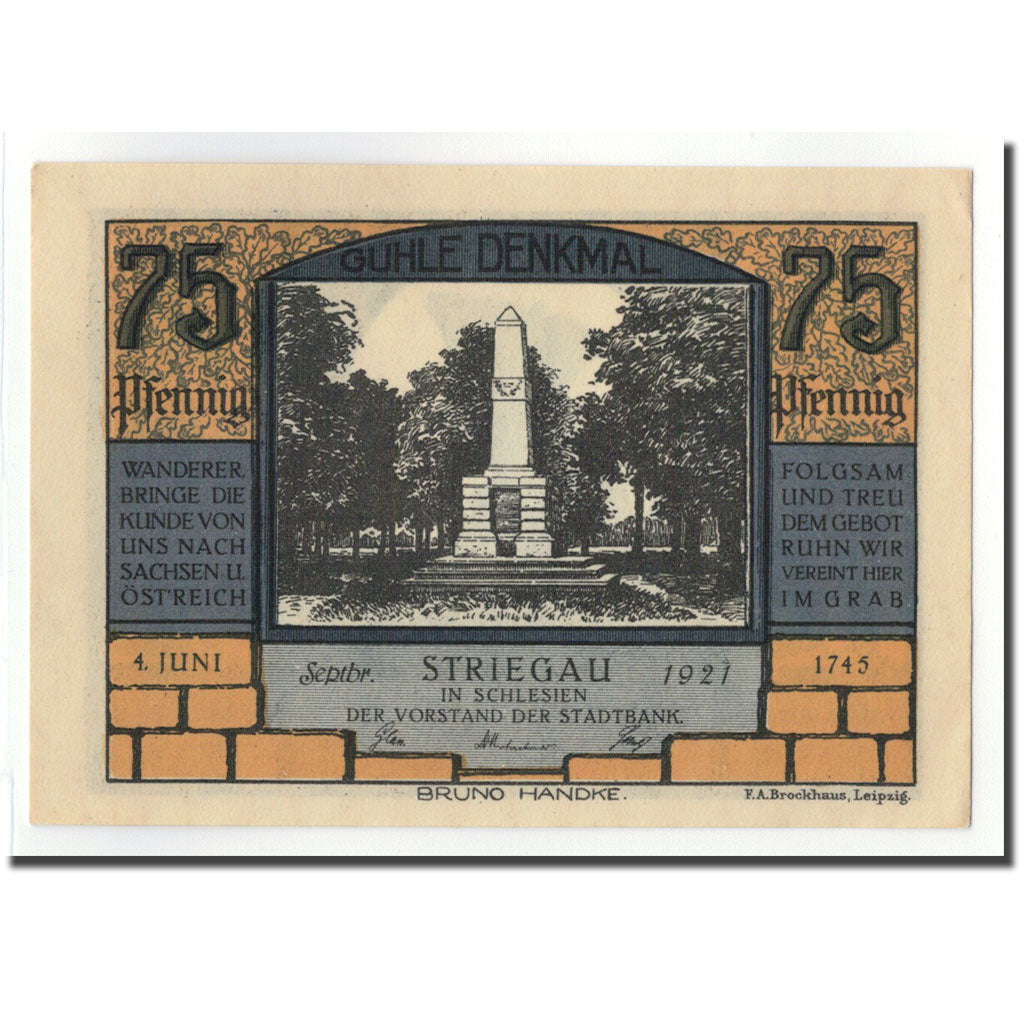 Banknote, Germany, Striegau, 75 Pfennig, Monument, 1921, UNC(63), Mehl:1284.1