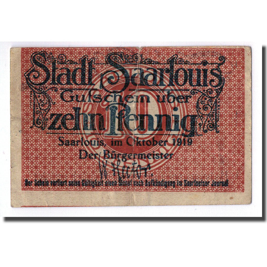 Banknote, Germany, Saarlouis, 10 Pfennig, Ecusson, 1919, UNC(63)
