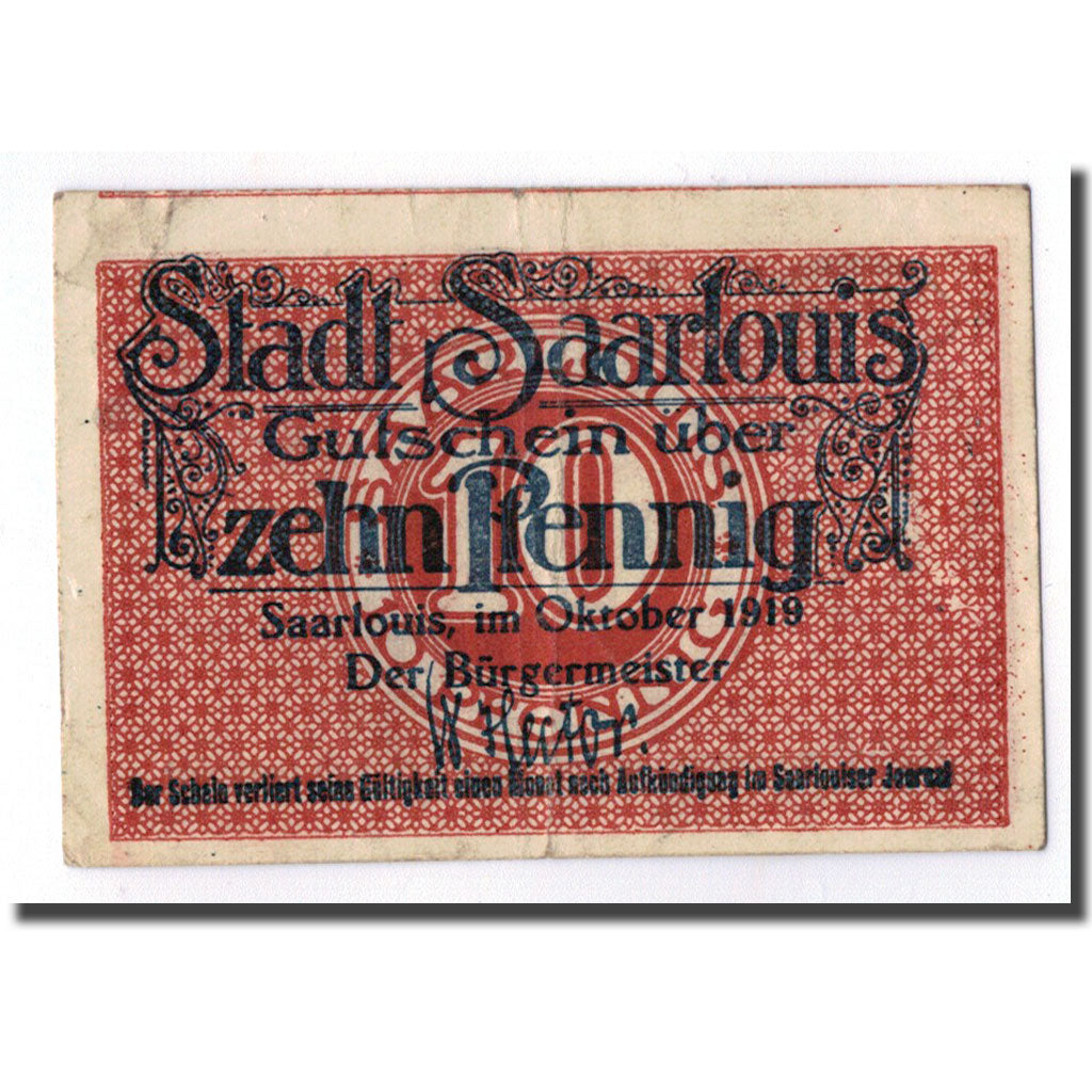 Banknote, Germany, Saarlouis, 10 Pfennig, Ecusson, 1919, UNC(63)