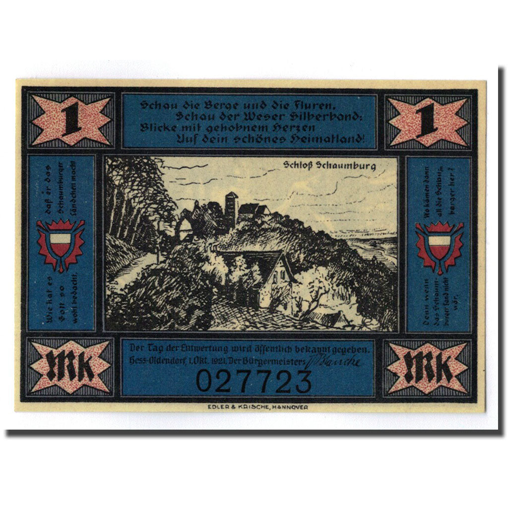 Banknote, Germany, Hessisch Oldendorf, 1 Mark, paysage, 1921, 1921-10-01