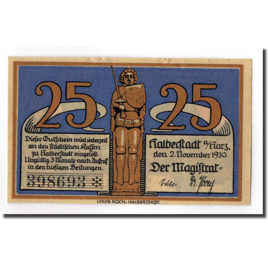 Banknote, Germany, Halberstadt, 25 Pfennig, paysage, 1920, 1920-11-02, UNC(63)