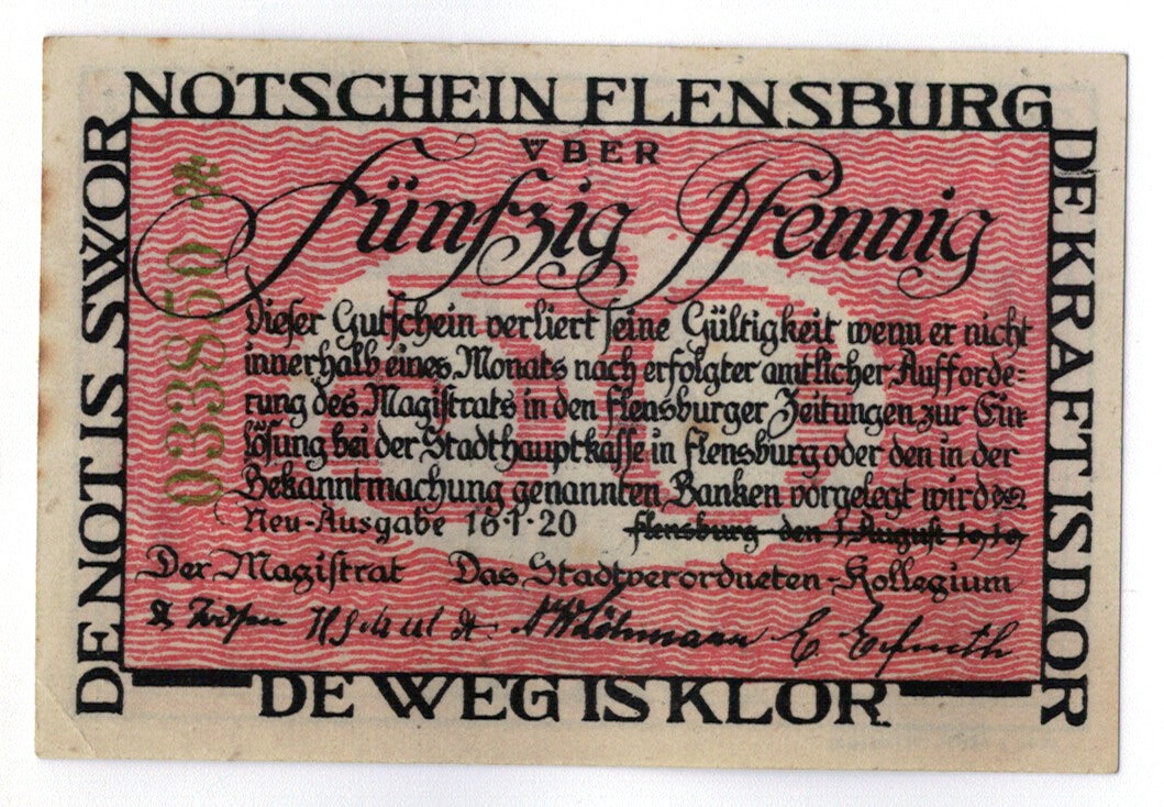 Banknote, Germany, Flensburg, 50 Pfennig, personnage, 1920, 1920-01-16, UNC(63)