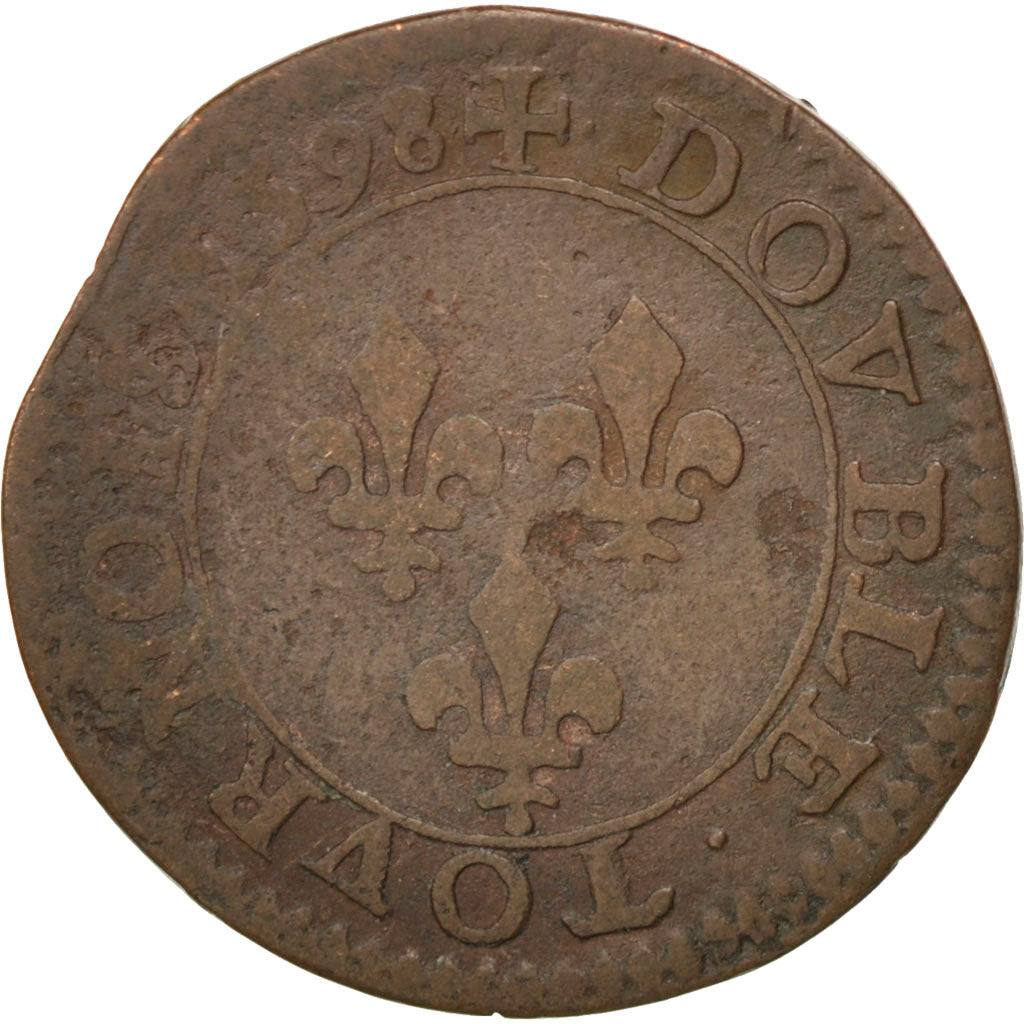 FRANCE, Double Tournois, 1598, Paris, VF(20-25), Copper, CGKL #222, 3.11