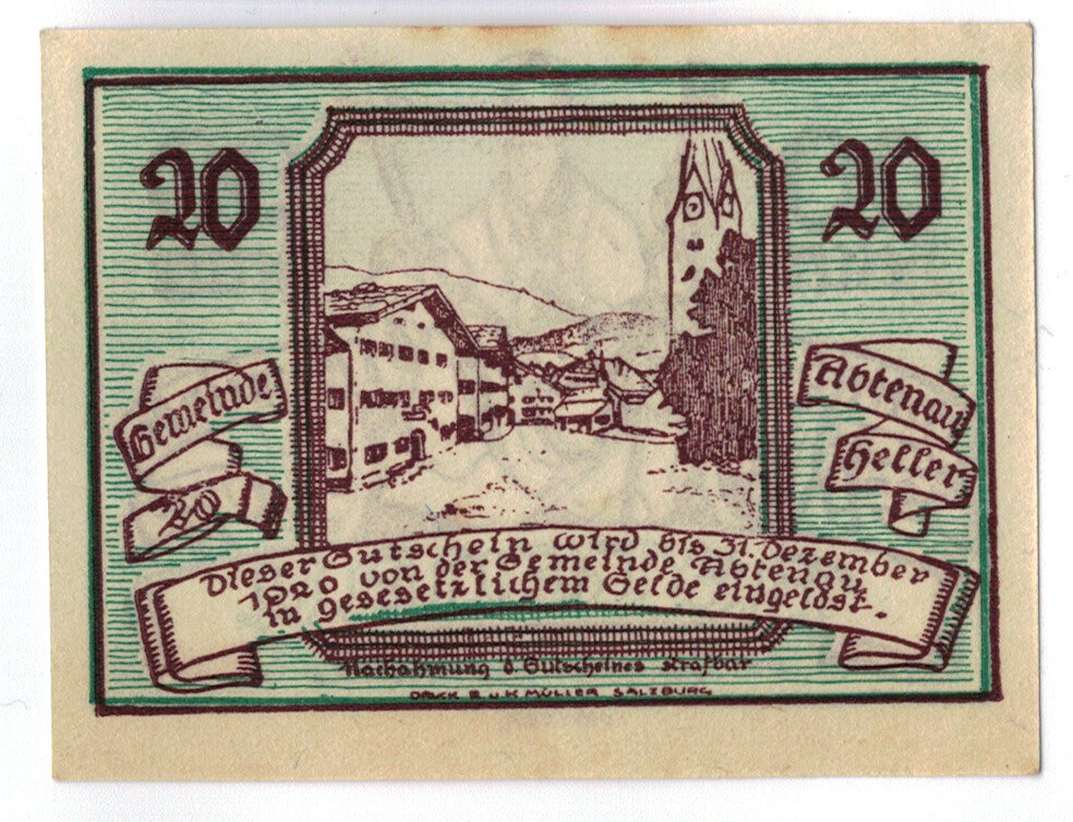Banknote, Austria, Abtenau, 20 Heller, personnage, 1920, UNC(63)