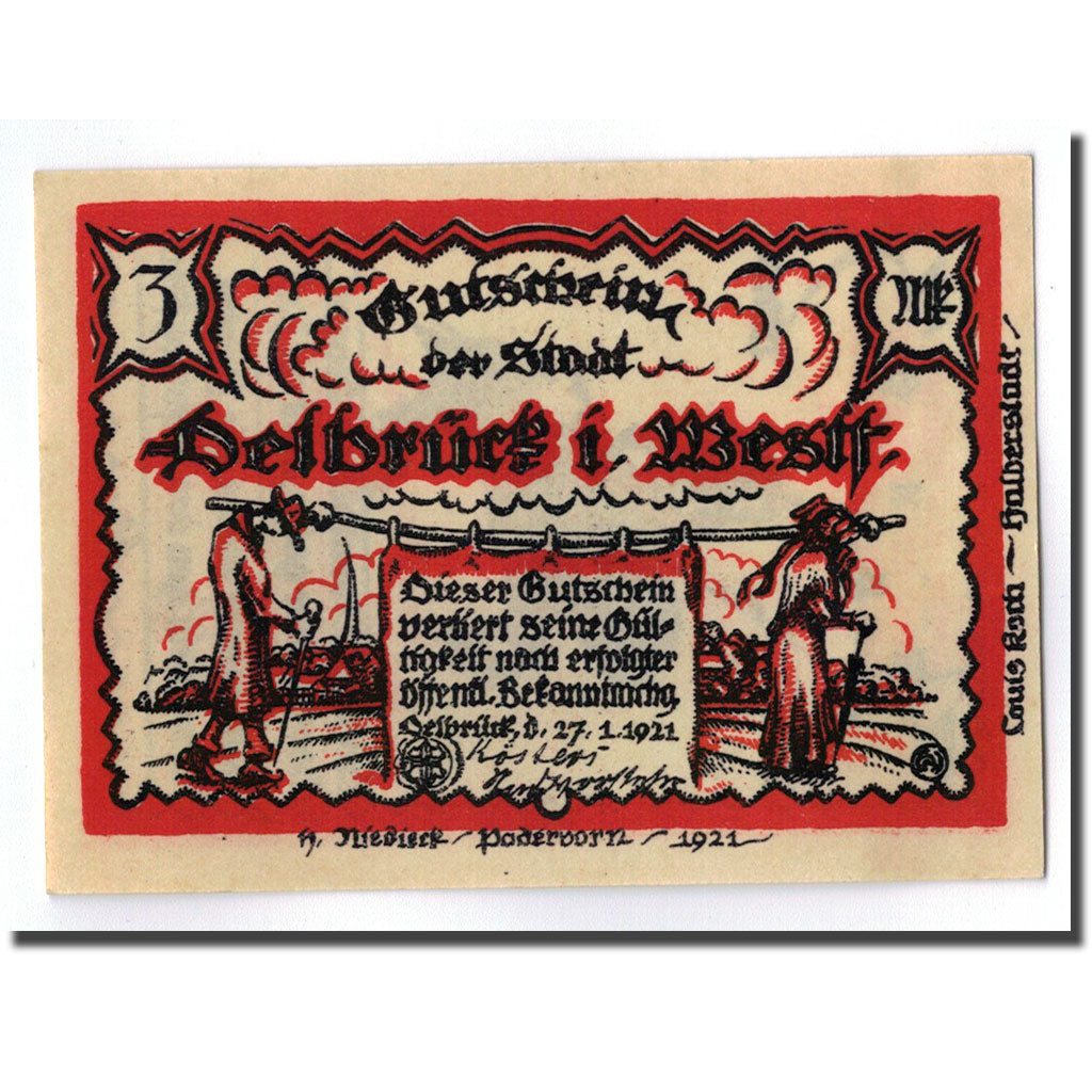 Banknote, Germany, Delbruck, 3 Mark, cavalier, 1921, 1921-01-27, UNC(63)