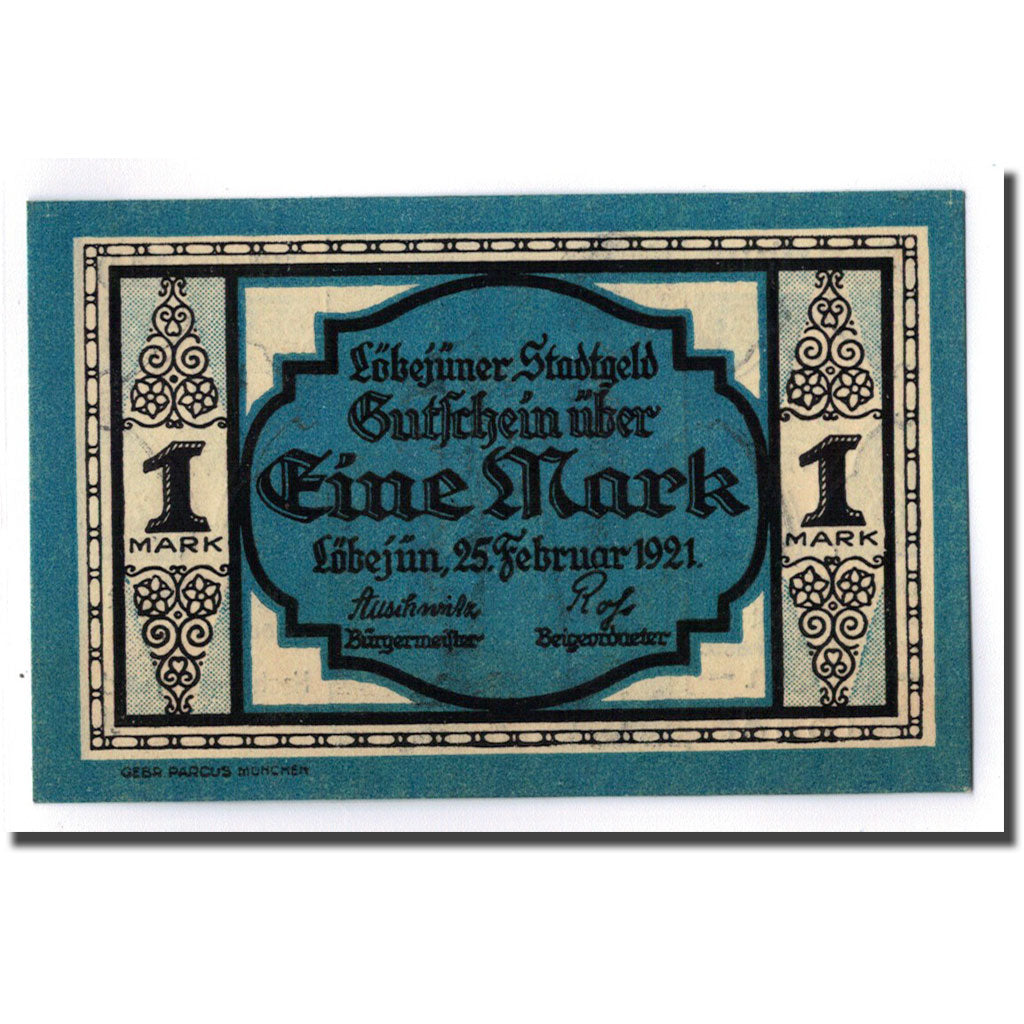 Banknote, Germany, Lobejün, 1 Mark, personnage, 1921, 1921-02-25, UNC(63)