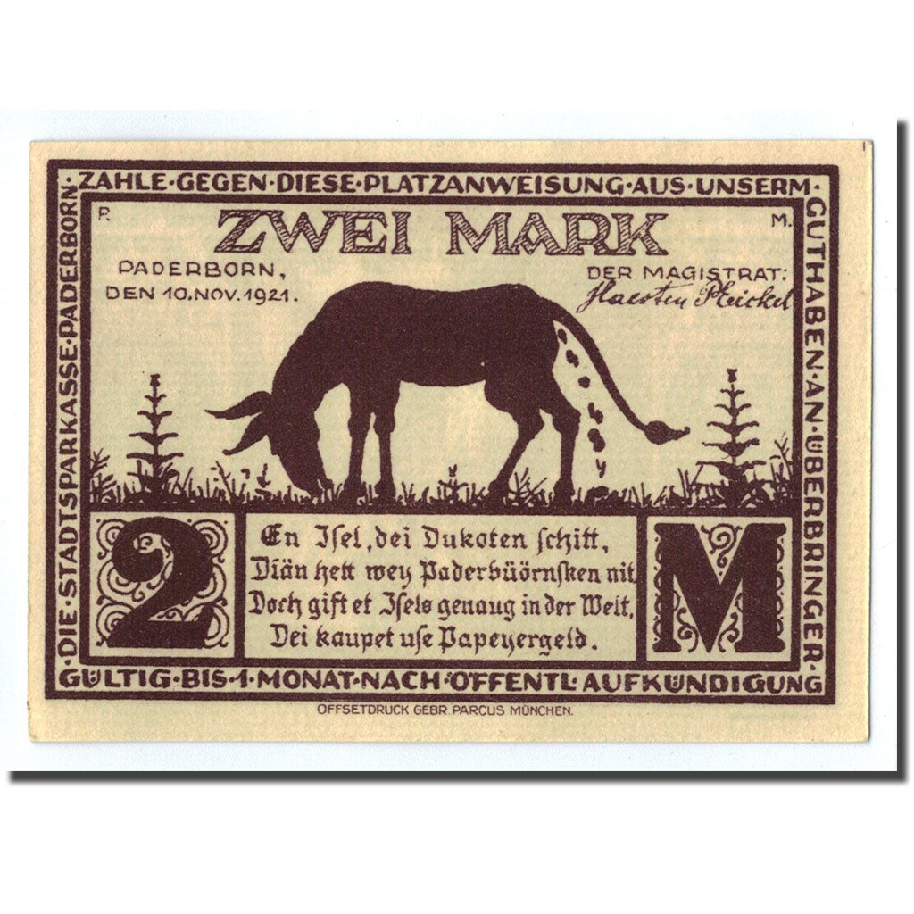 Banknote, Germany, Paderborn, 2 Mark, ruelle, 1921, 1921-11-10, UNC(63)