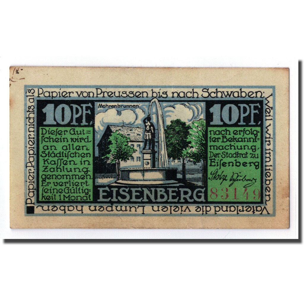 Banknote, Germany, Eisenberg Stadt, 10 Pfennig, fontaine, O.D, UNC(63)