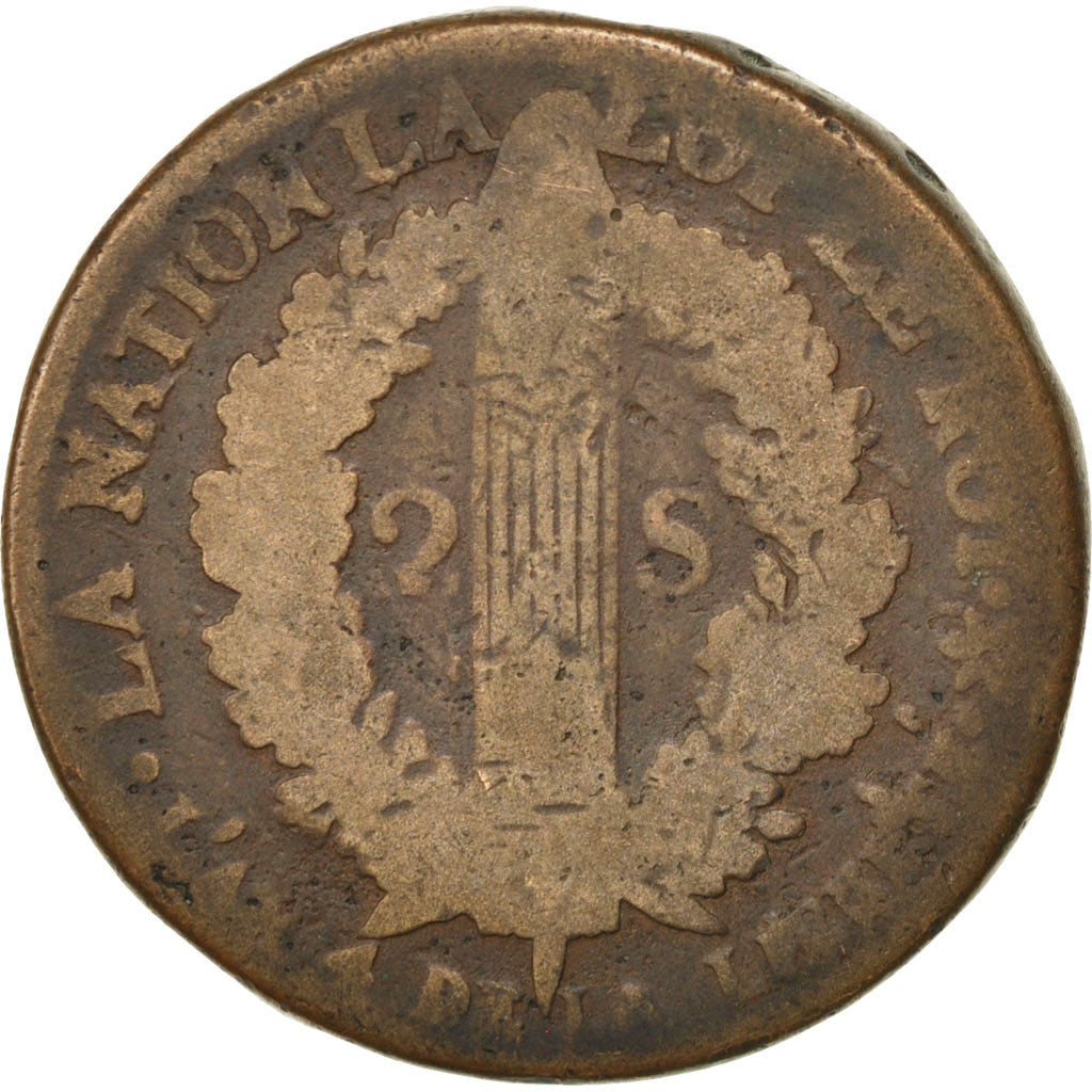 Francia, 2 sols français, 2 Sols, 1792, Strasbourg, B, Bronzo, KM:612, Gadou...