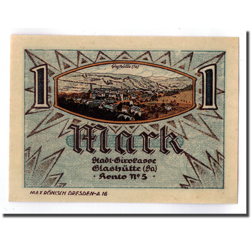 Banknote, Germany, Glashutte, 1 Mark, paysage, 1921, UNC(63), Mehl:430.1