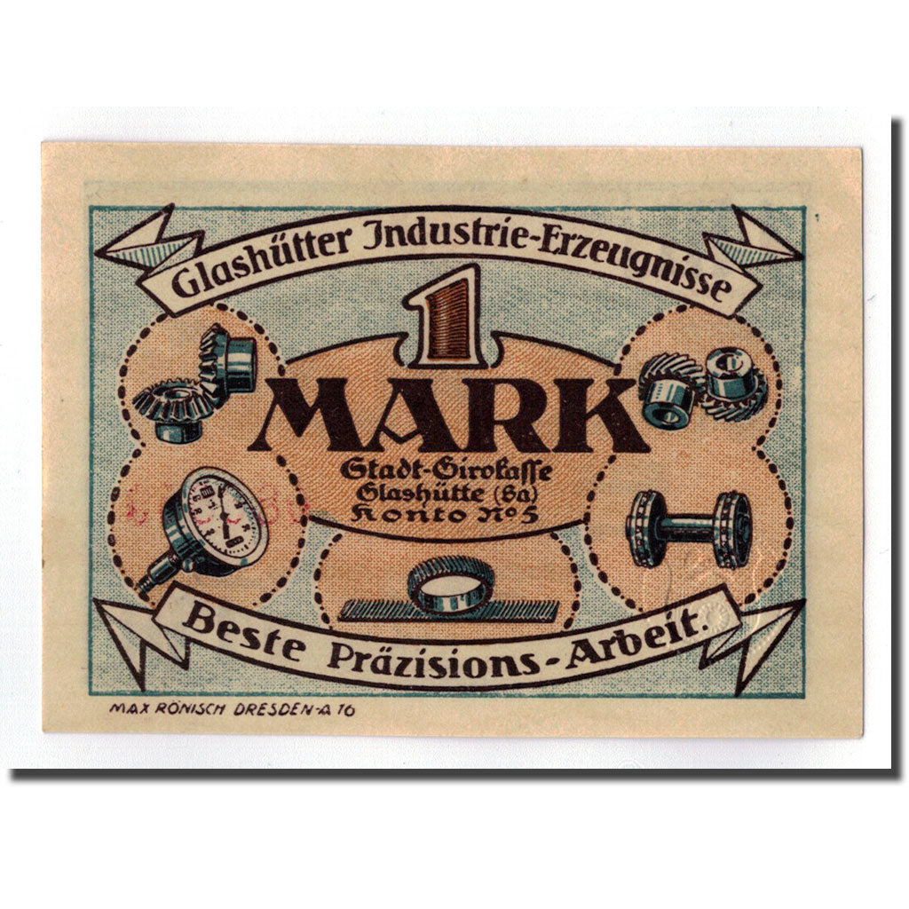 Banknot, Niemcy, Glashutte, 1 Mark, Objets, 1921, Undated, UNC(63), Mehl:430.1