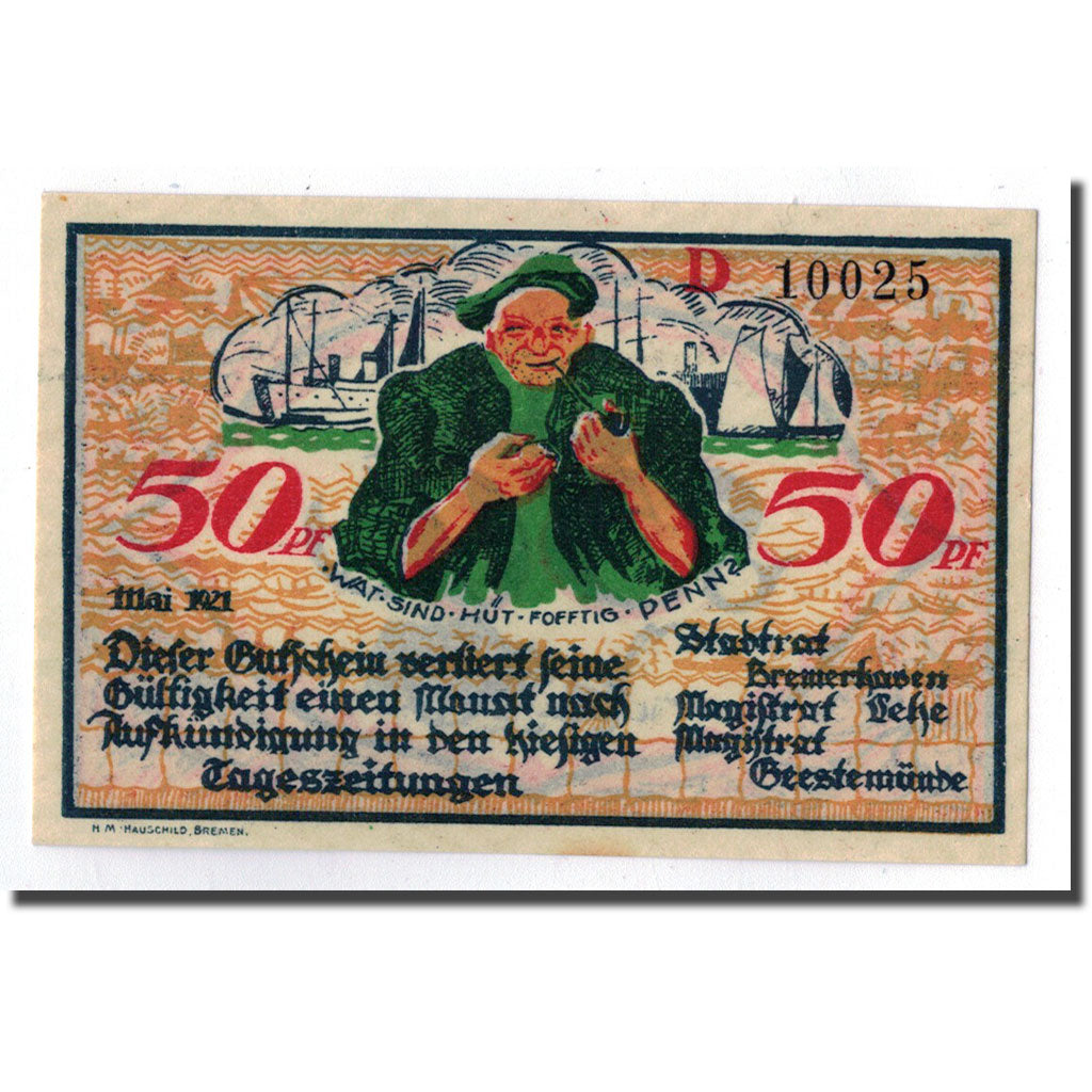 Banknote, Germany, Bremerhaven, 50 Pfennig, personnage, 1921, UNC(63)