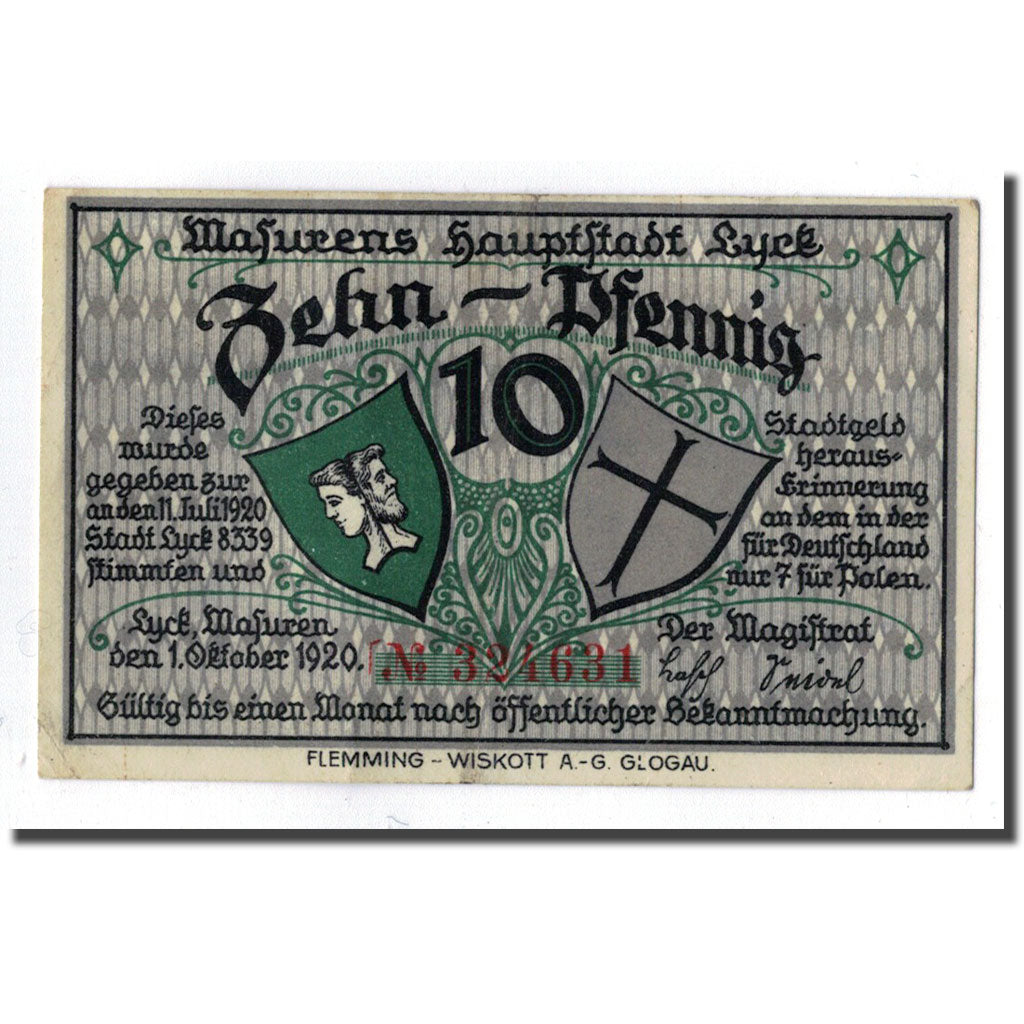 Banknote, Germany, Lyck Stadt, 10 Pfennig, paysage, 1920, 1920-10-01, UNC(63)