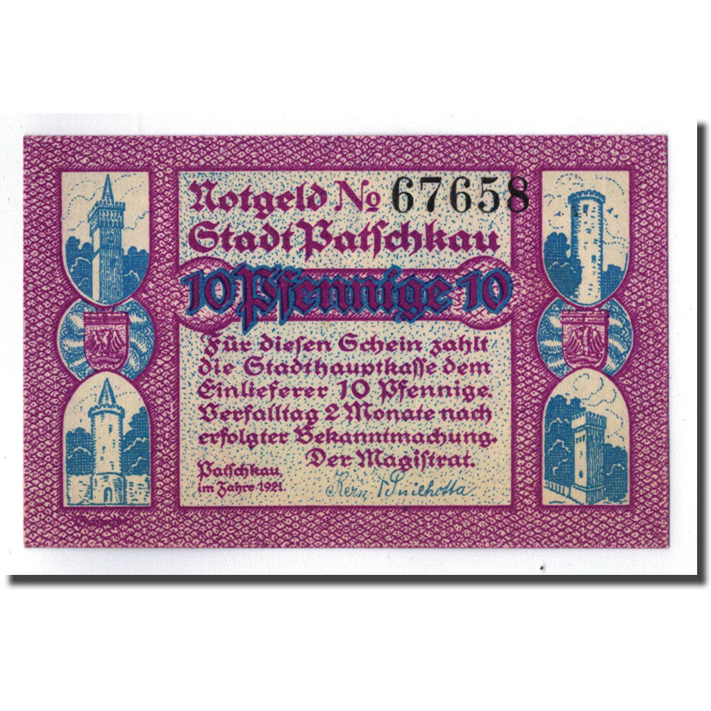 Banconote, Germania, Patschkau, 10 Pfennig, Eglise, 1921, SPL, Mehl:1052.1
