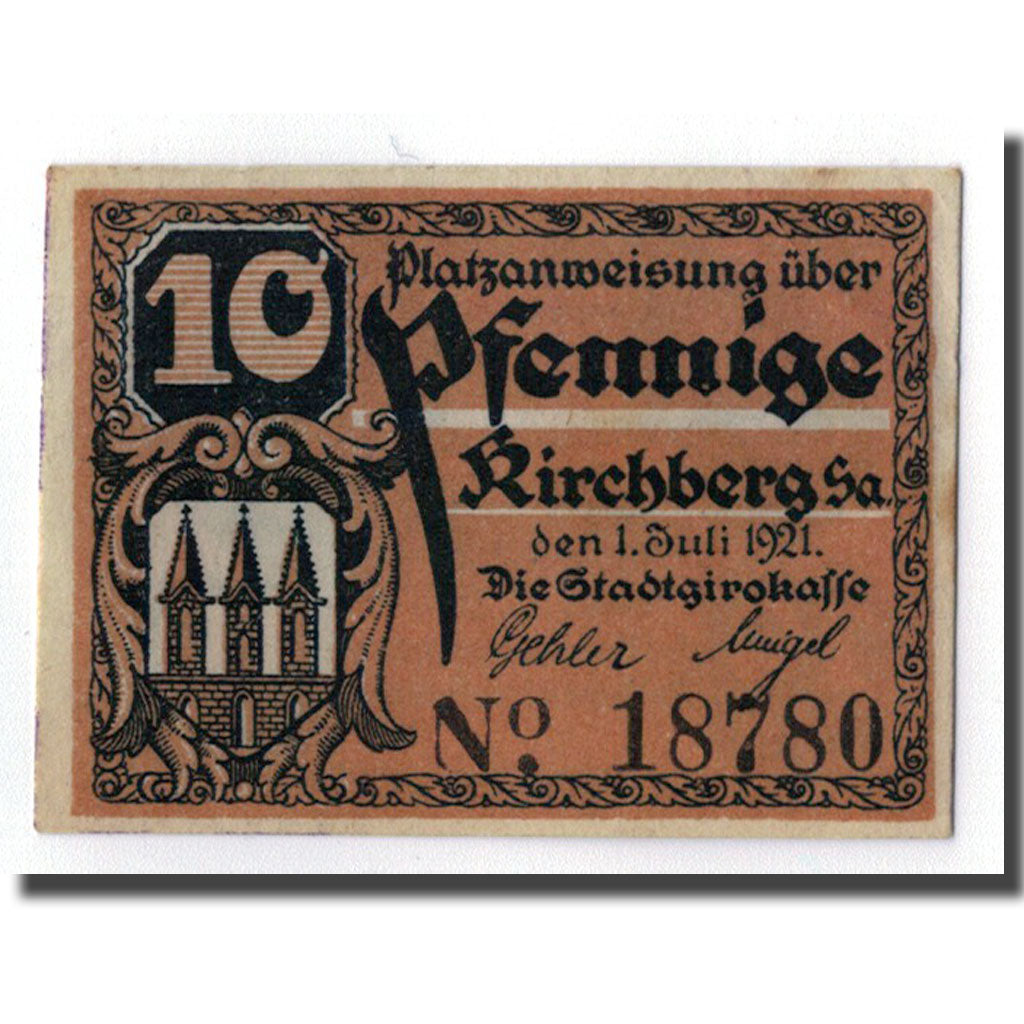 Banknote, Germany, Kirchberg, 10 Pfennig, métier, 1921, 1921-07-01, UNC(63)