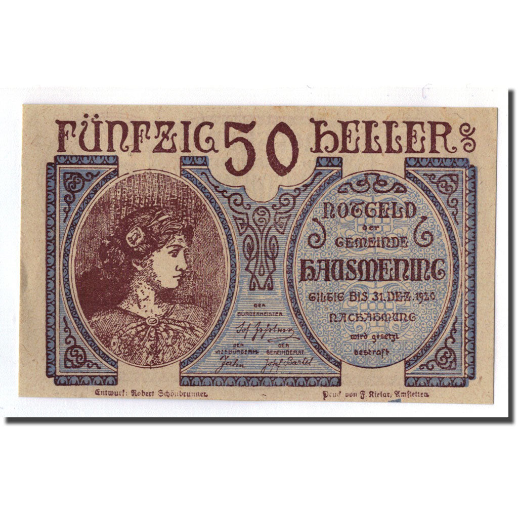 Geldschein, Österreich, Hausmening, 50 Heller, portrait, 1920, 1920-12-31, UNZ-