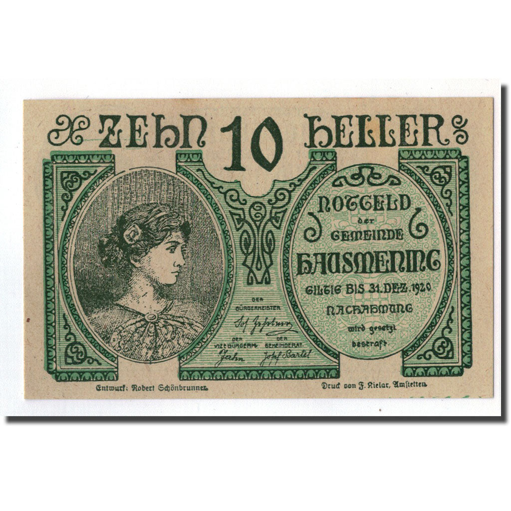 Geldschein, Österreich, Hausmening, 10 Heller, portrait, 1920, 1920-12-31, UNZ-